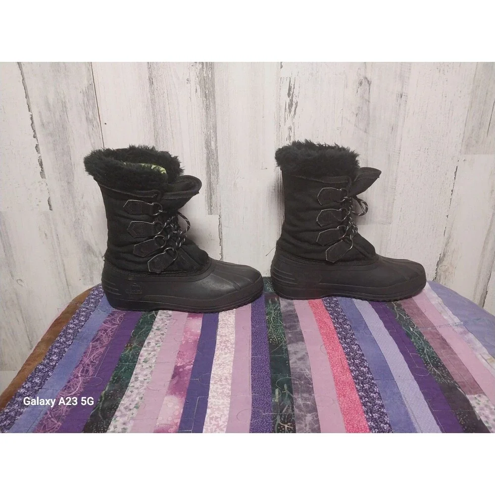 Sorel Kaufman Canada Black Rubber Nylon Winter Lined Snow Boots Womens Size 7